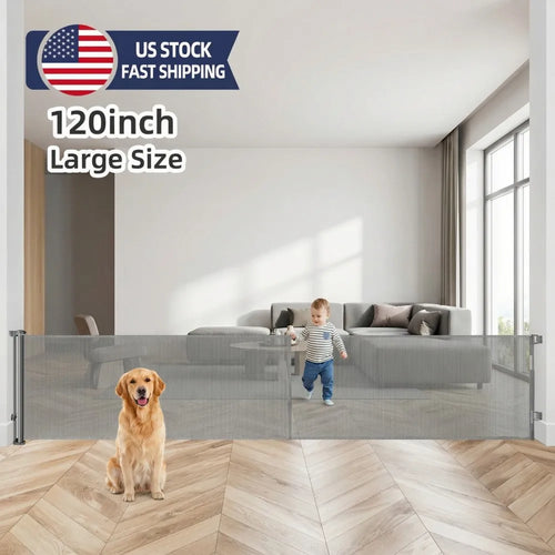 120in Retractable Baby Gate Punch-free 34inch Tall Metal Pets Stair Gate Fence - Safety Gate