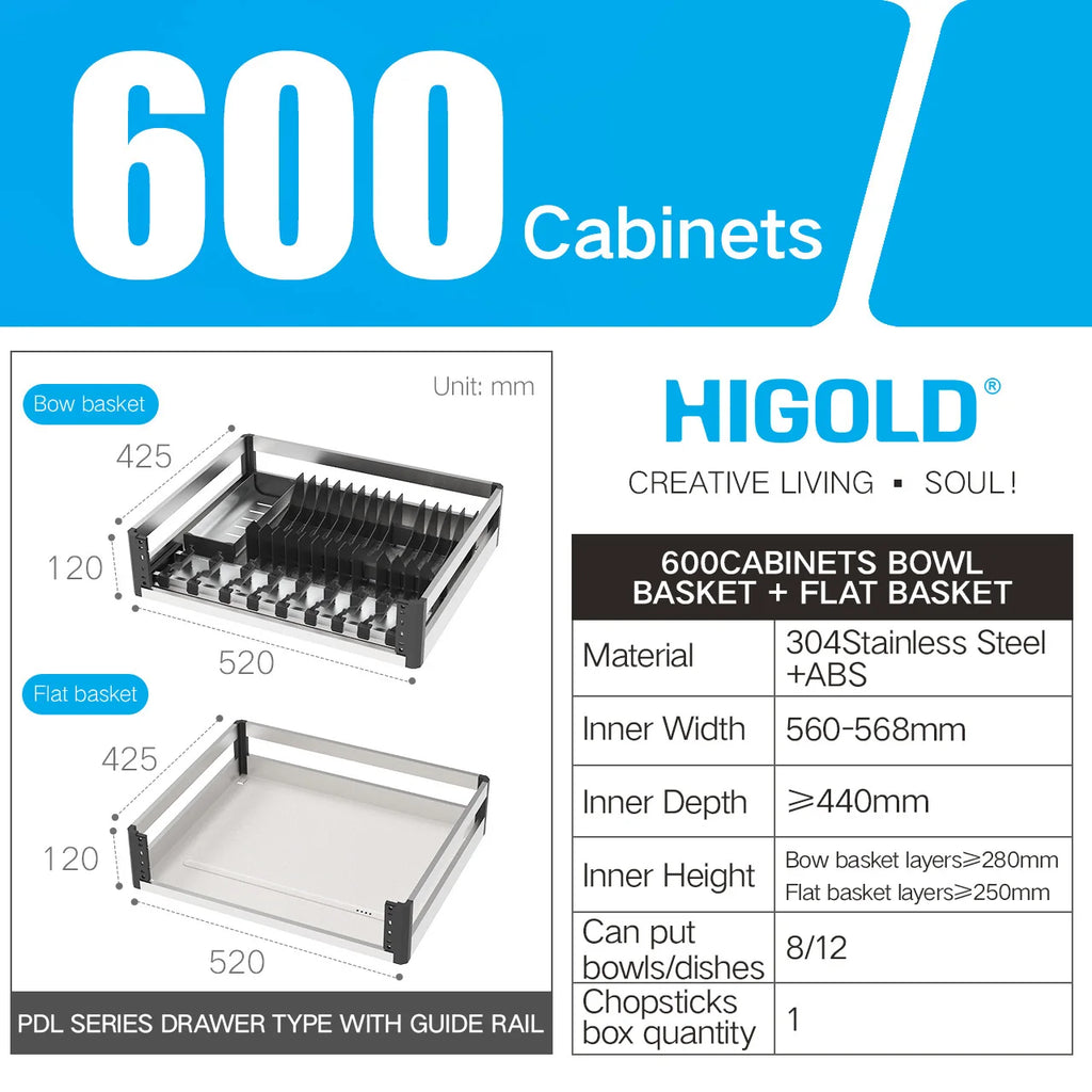 HIGOLD 600mm Kitchen Cabinet Basket Pull Drawer 800mm / 900mm 304 Stainless Steel Dish - Cabinet Organizer - view 6