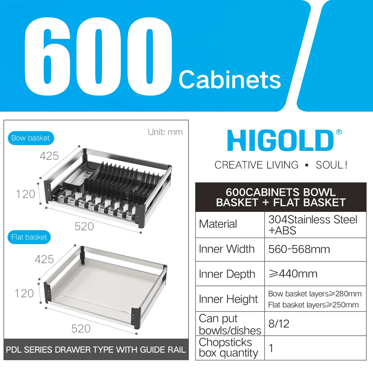HIGOLD 600mm Kitchen Cabinet Basket Pull Drawer 800mm / 900mm 304 Stainless Steel Dish - Cabinet Organizer - view 6