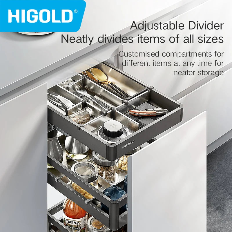 HIGOLD Small Pull Basket Kitchen Cabinet Tool Puller Single Drawer Space Aluminium - Cabinet Organizer
