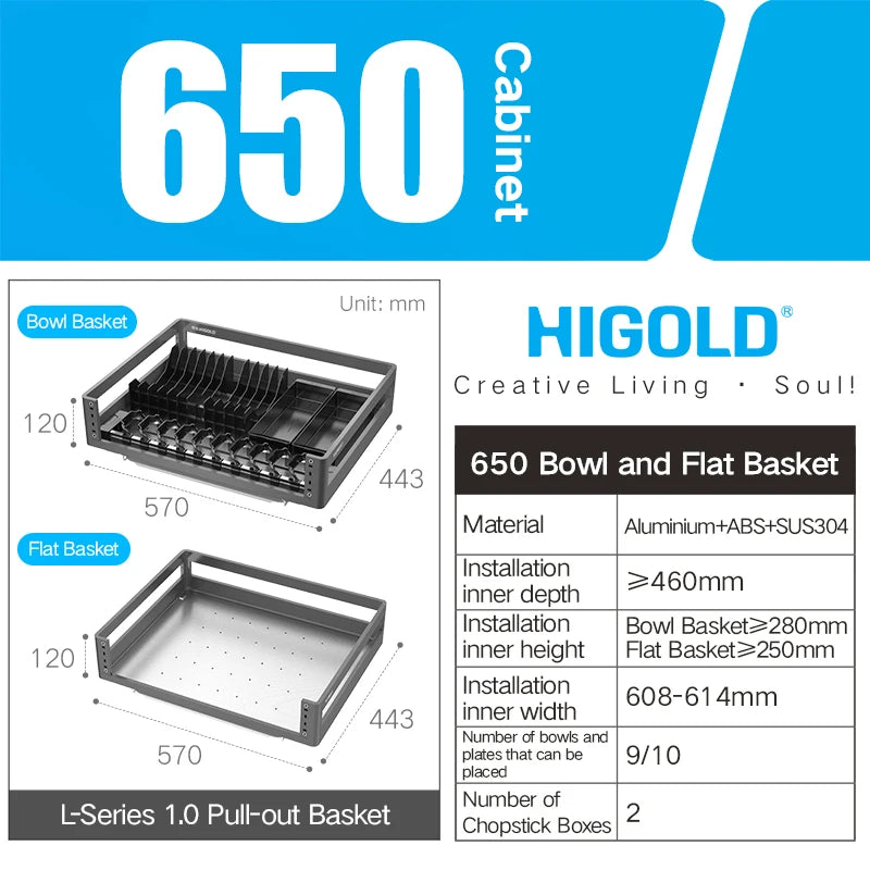 HIGOLD 500mm Cabinet Pull Basket Double Drawer With Dish Rack 304 Stainless Steel Kitchen - Dish Drying Rack - view 8