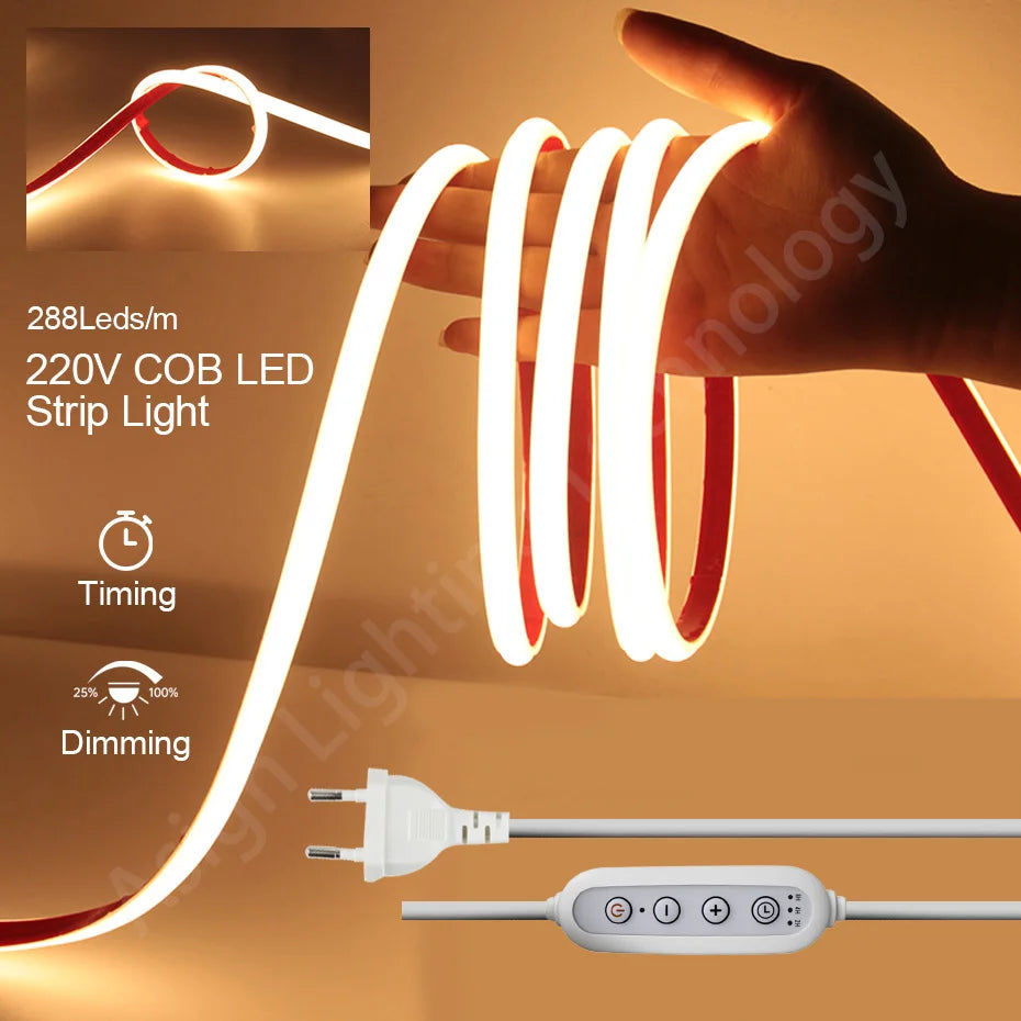 Self-adhesive 220V COB LED Strip 288LEDs/m IP65 Waterproof 1m-25m Length with Timing - LED Strip Light