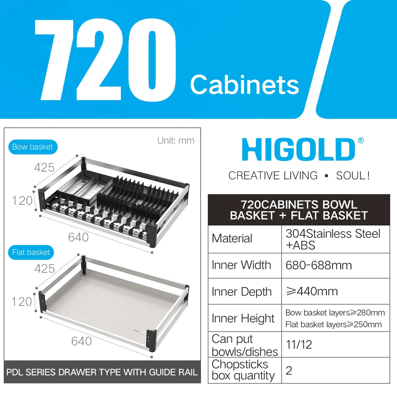 HIGOLD 600mm Kitchen Cabinet Basket Pull Drawer 800mm / 900mm 304 Stainless Steel Dish - Cabinet Organizer - view 8