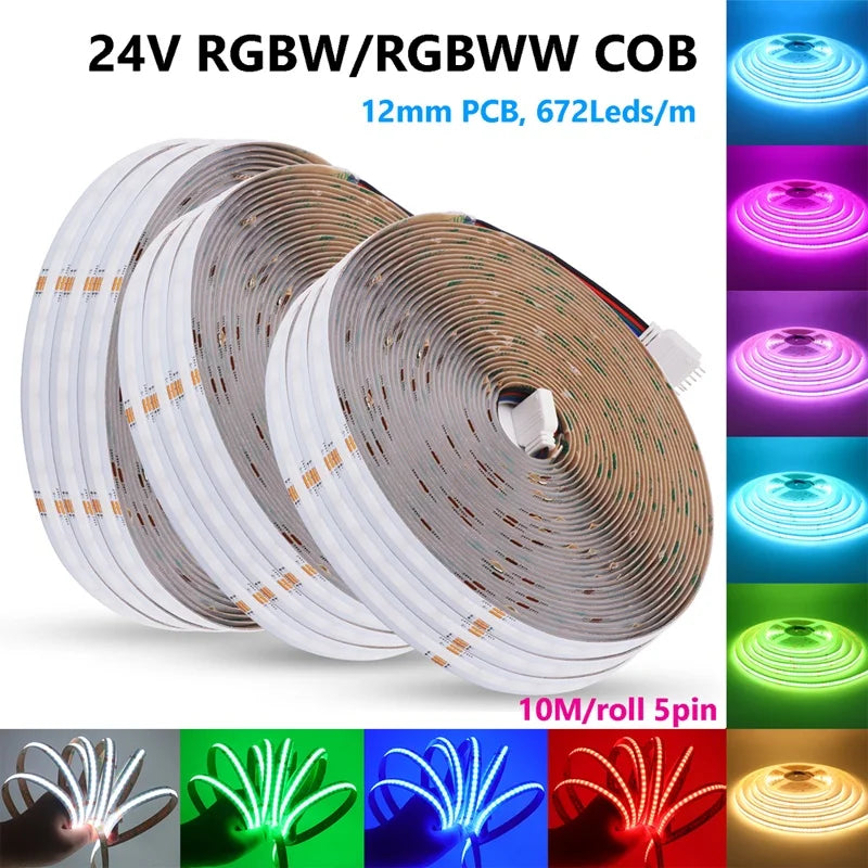 DC 24V RGBW RGBWW 5pin COB LED Strip 10M 672LEDs/M RA90 High Density Room - LED Strip Light
