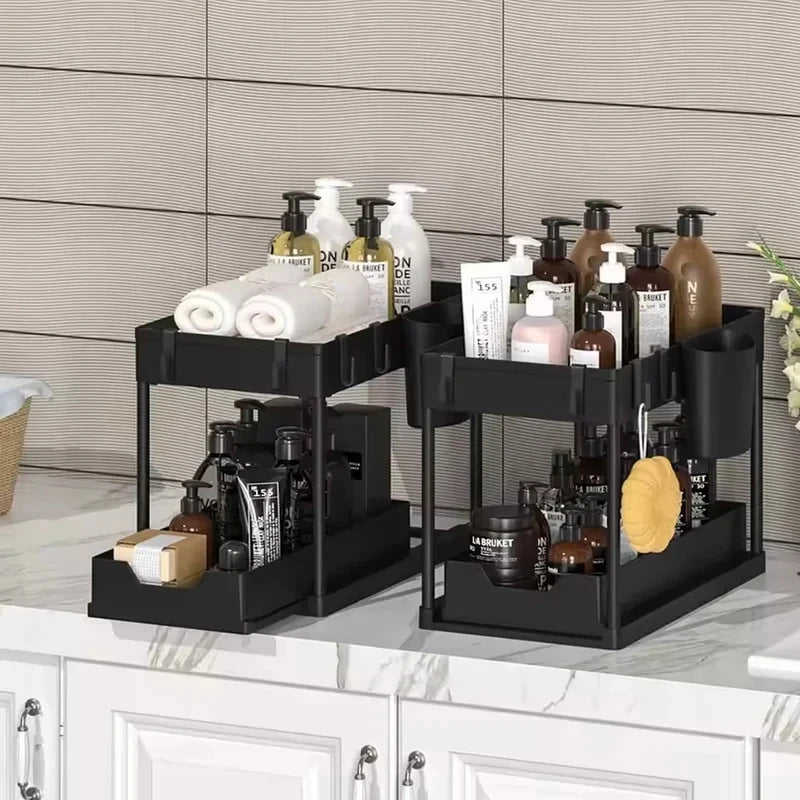 Under Sink Organizer 2 Layer Sliding Shelf Drawer Type Storage Rack Multipurpose Holder for Kitchen Bathroom Cabinet Home