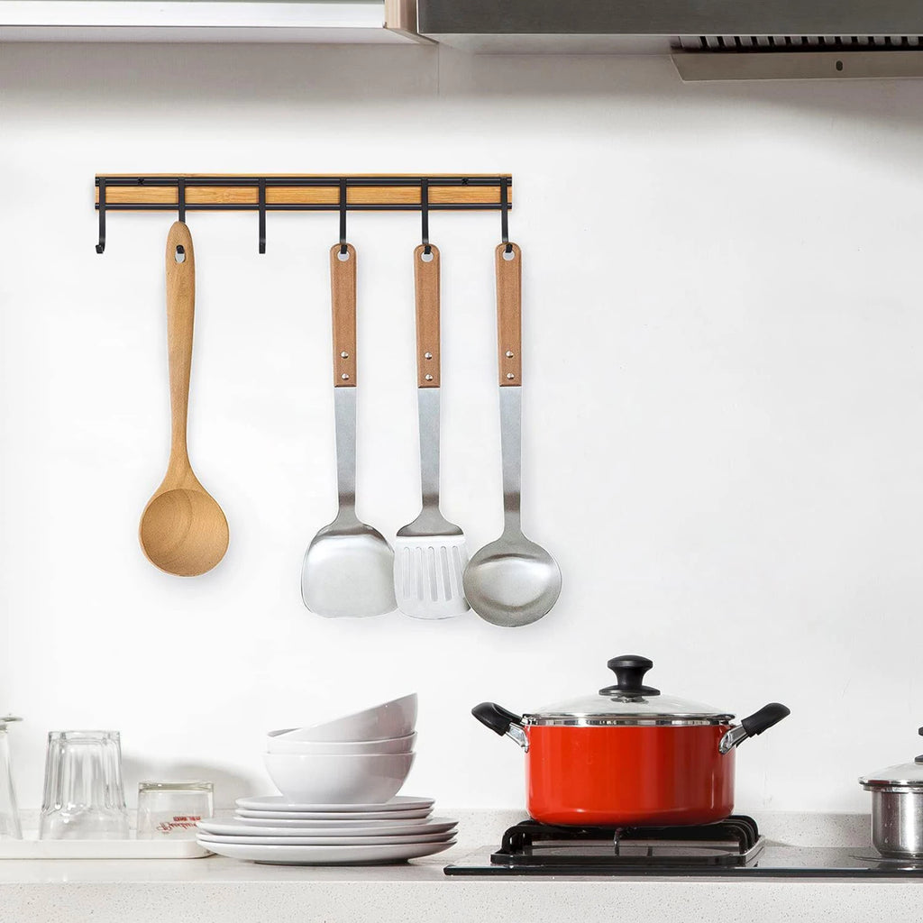 2PCS Wall Mounted Kitchen Utensil Hooks Set of 6 Black Metal Bamboo Decor Hangers - Organizer - view 4