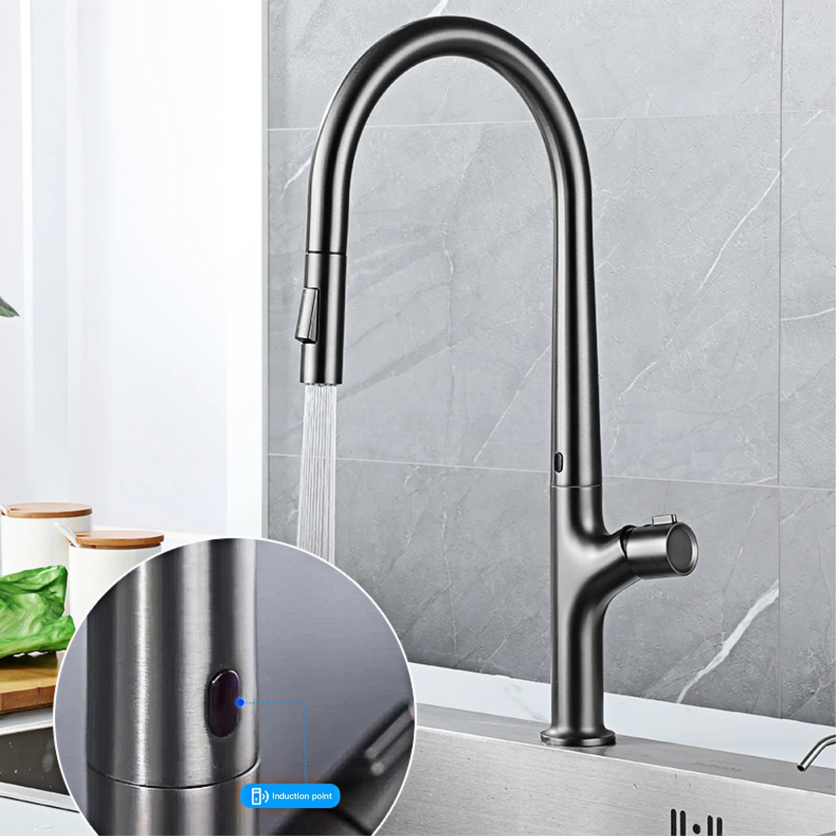 Modern style gun gray pull-out kitchen faucet with 1 handle for hot&cold water intelligent - Kitchen Faucet - view 6