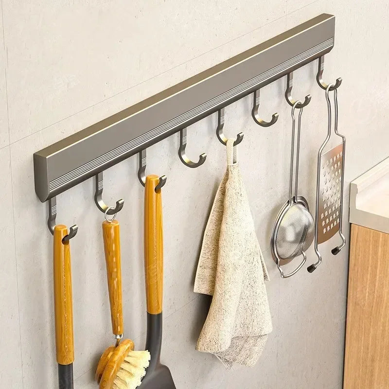 Aluminum Alloy Hooks Rack Wall Mounted Drill-Free Kitchen Utensils Storage Row Hook - Storage Shelf - view 4