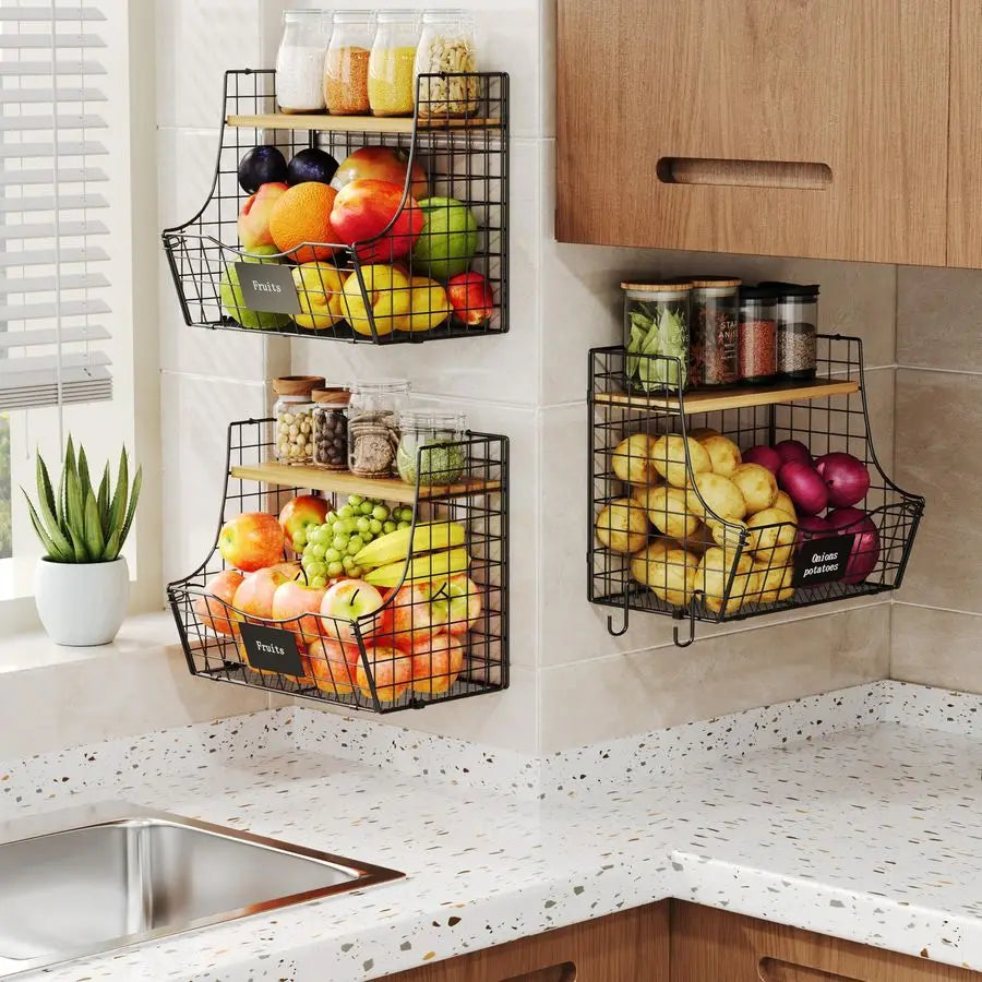 Pack Fruit Basket for Kitchen with Wood Lid CounterampWall Mounted Onion and Potato - Cabinet Organizer - view 3