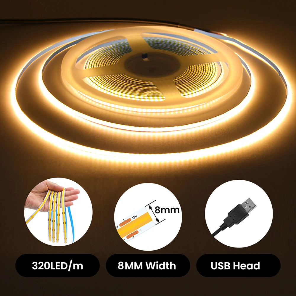 5V USB 3mm 5mm COB LED Strip Light 8MM PCB White Red Green Pink - LED Strip Light - view 3