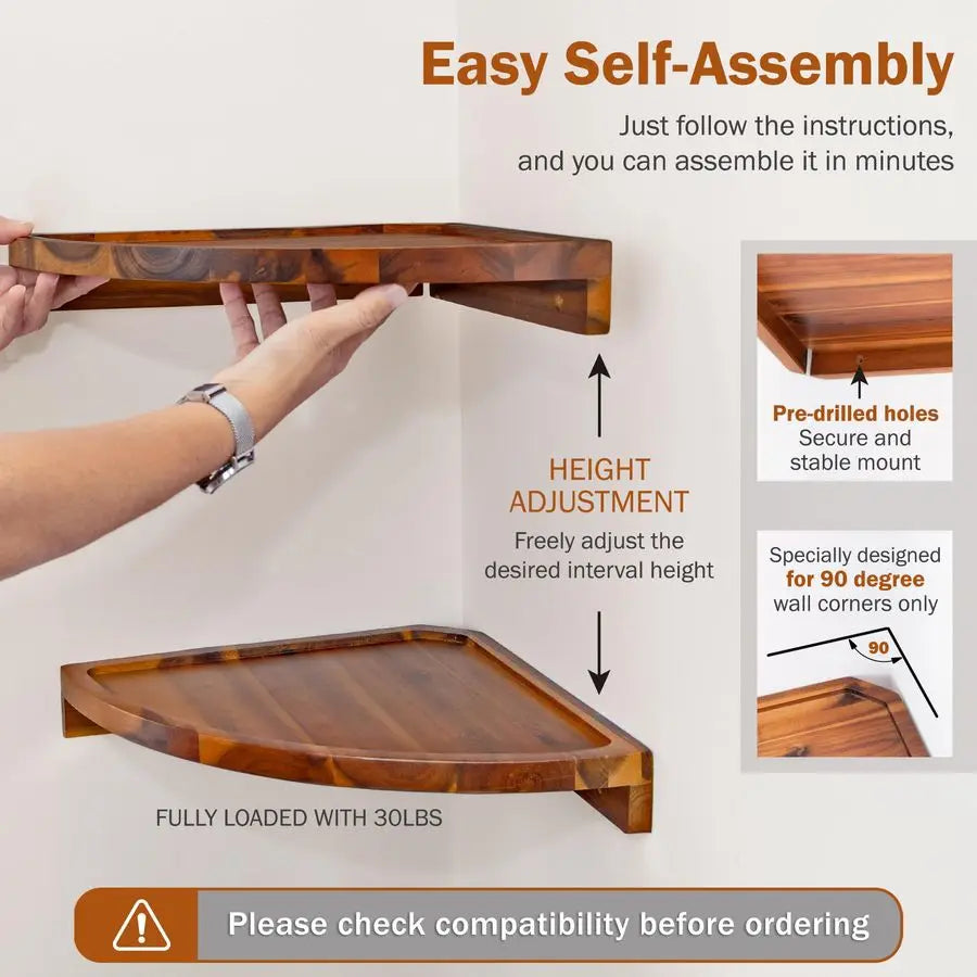 Floating Round Corner Shelves for Wall 2pcs Acacia Wood WallMounted Storage Shelves - Home Improvement - view 5