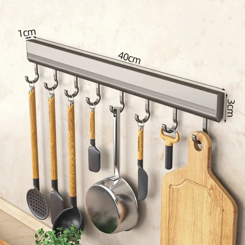 Aluminum Alloy Hooks Rack Wall Mounted Drill-Free Kitchen Utensils Storage Row Hook - Storage Shelf - view 7