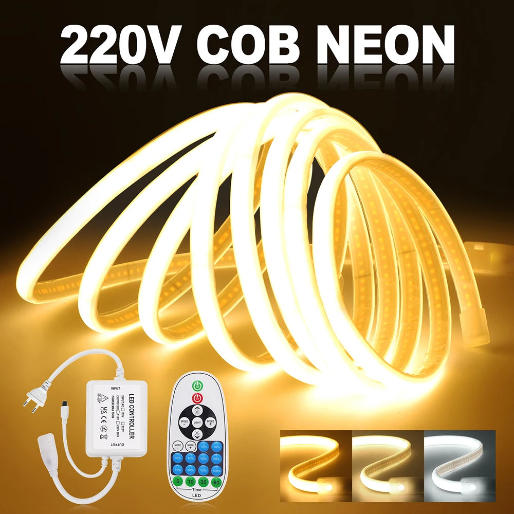 Dimmable 220V COB Neon LED Strip Light 23Key IR Remote Control EU UK AU - LED Strip Light