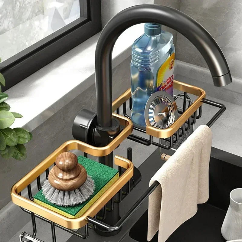 Kitchen Space Aluminum Sink Drain Rack Sponge Storage Faucet Holder Soap Drainer Shelf - Kitchen Faucet