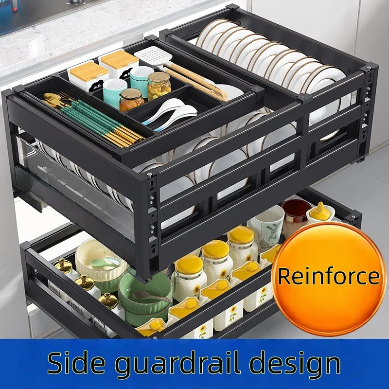 Aluminum Alloy Three-layer Pull-out Cabinet Drawer Type Dish Rack with Double-layer - Dish Drying Rack
