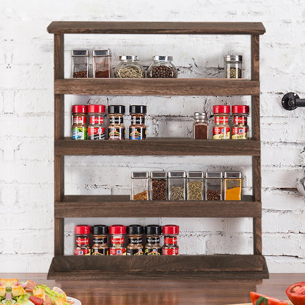 Wood Spice Rack Wall Mount, Wooden Spice Rack Holder, Seasoning Rack, Countertop or Wall - Storage Shelf