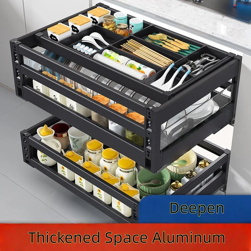 Aluminum Alloy Three-layer Pull-out Cabinet Drawer Type Dish Rack with Double-layer - Dish Drying Rack - view 2