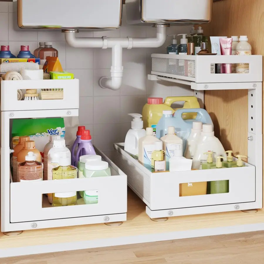 Under Sink Storage Organizer, Large 2Tier Elegant Mesh Pull Out Shelf for Kitchen and - Cabinet Organizer
