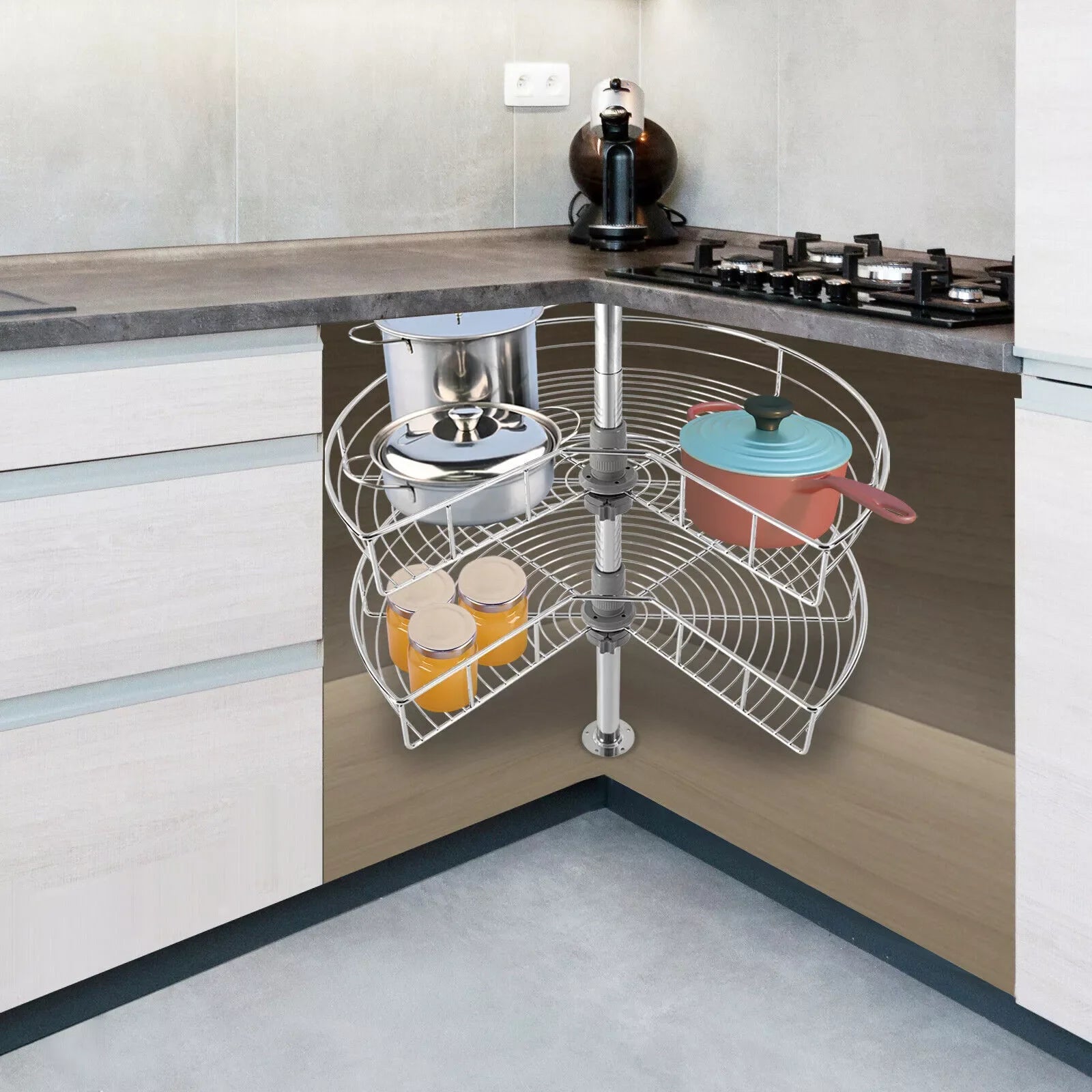 2-Shelf 24" Kidney Chrome Lazy Susan Kitchen Base Cabinet Corner Organizer Rack Iron - Cabinet Organizer - view 6
