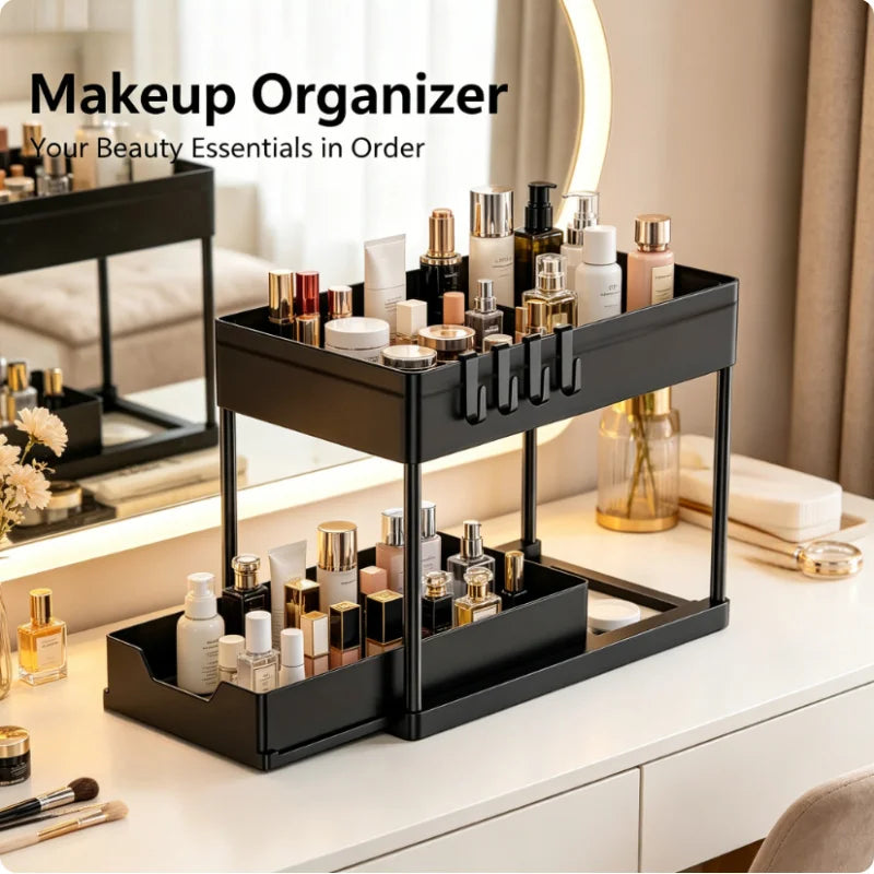Under Sink Organizer 2 Layer Sliding Shelf Drawer Type Storage Rack Multipurpose Holder for Kitchen Bathroom Cabinet Home