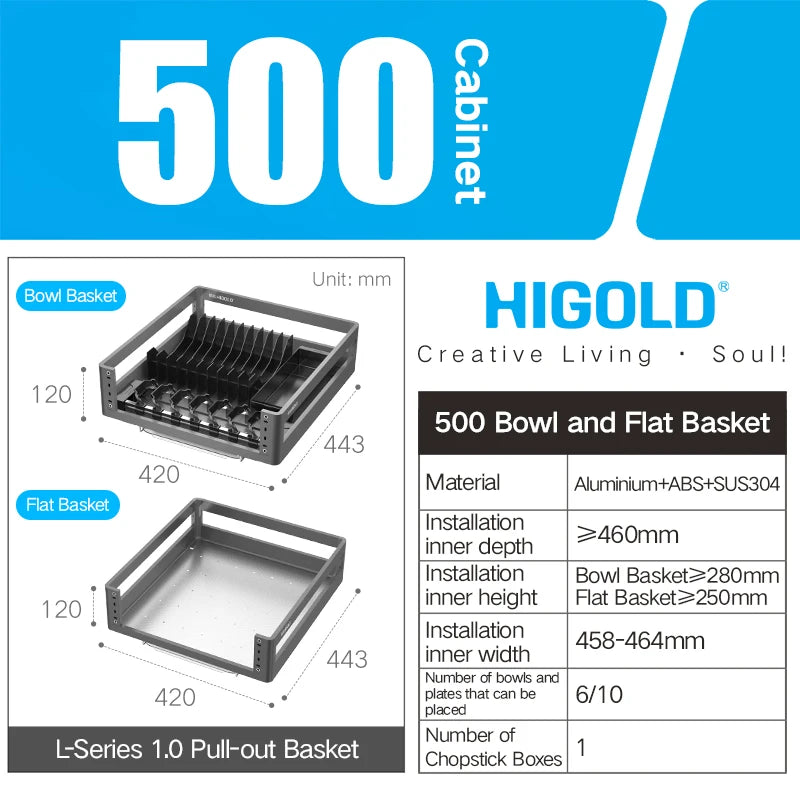 HIGOLD 500mm Cabinet Pull Basket Double Drawer With Dish Rack 304 Stainless Steel Kitchen - Dish Drying Rack - view 6
