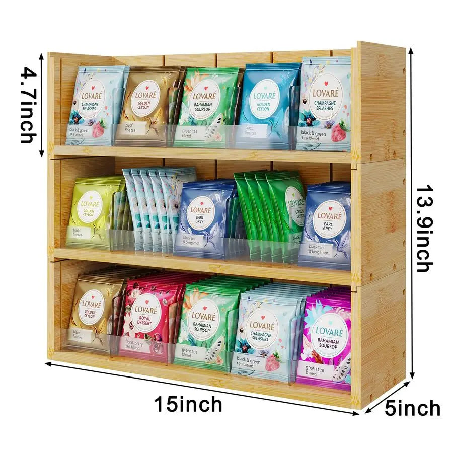 Bamboo Tea Bag Organizer Storage Box, 3 Tier Stackable Tea Bag Box Natural Wood - Cabinet Organizer - view 6