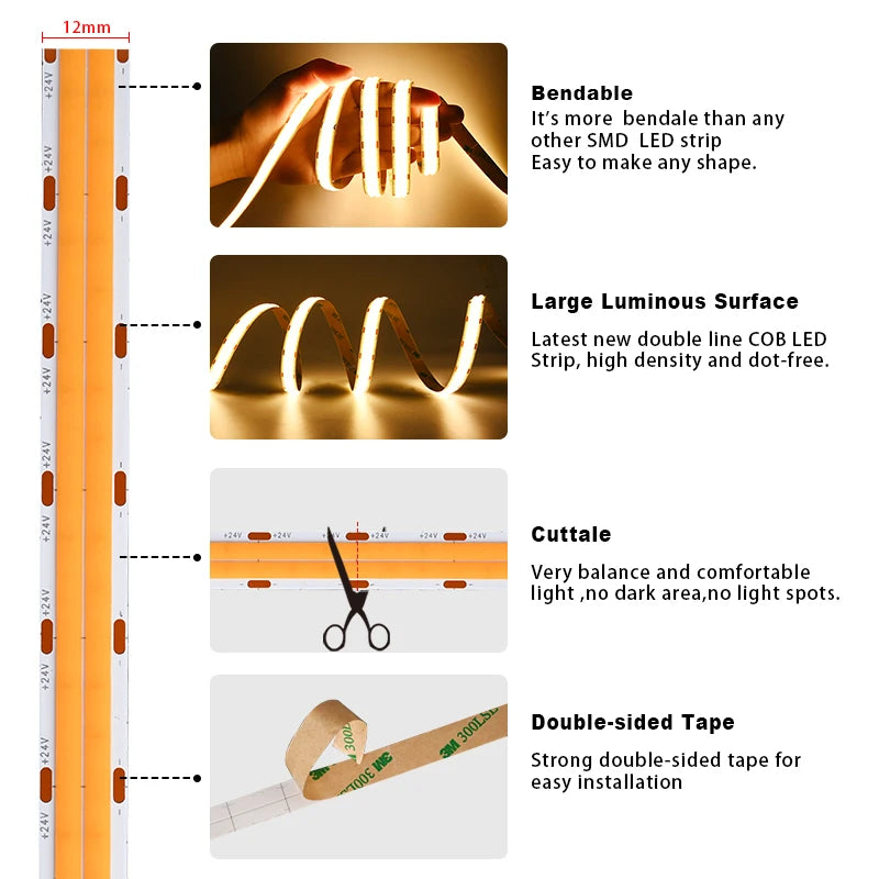 Super Bright COB LED Strip 2000lm/m Double Row 600LEDs/m Flexible Dimmable Led Lights RA90 - LED Strip Light - view 7
