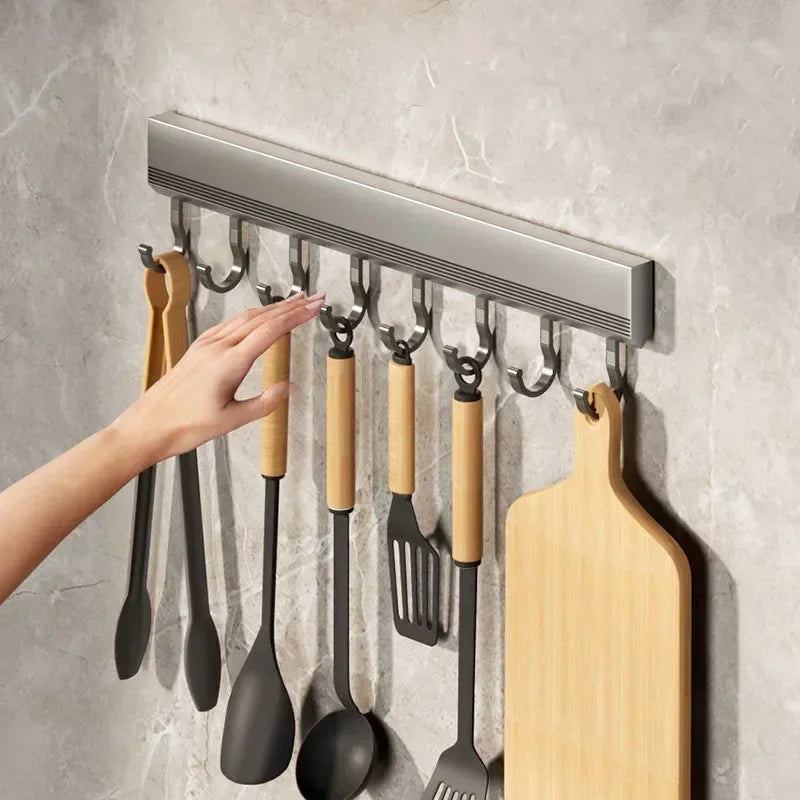 Aluminum Alloy Hooks Rack Wall Mounted Drill-Free Kitchen Utensils Storage Row Hook - Storage Shelf - view 2