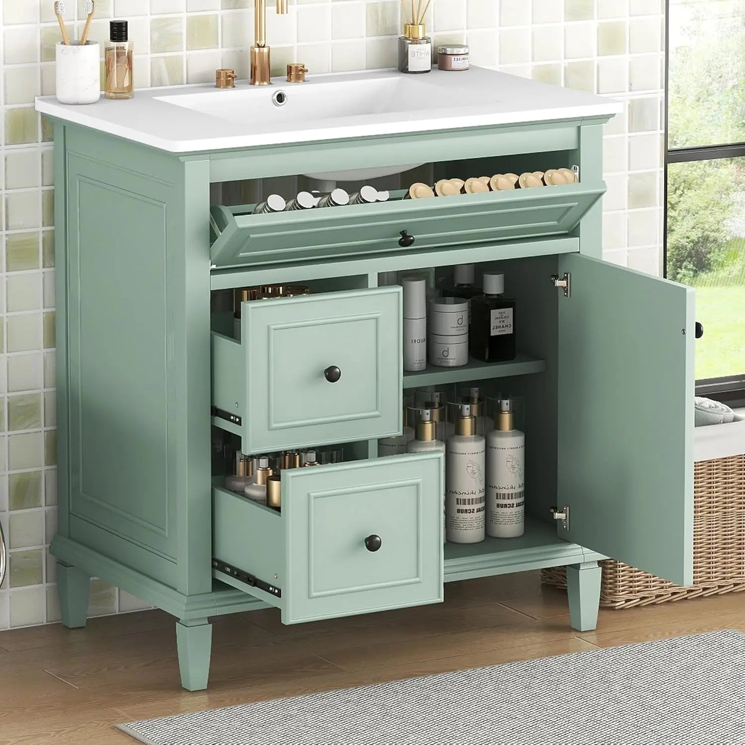 30" Bathroom Vanity Sink Combo Tilt-Out Drawer Wood MDF Cabinet Adjustable Shelf - Cabinet Organizer