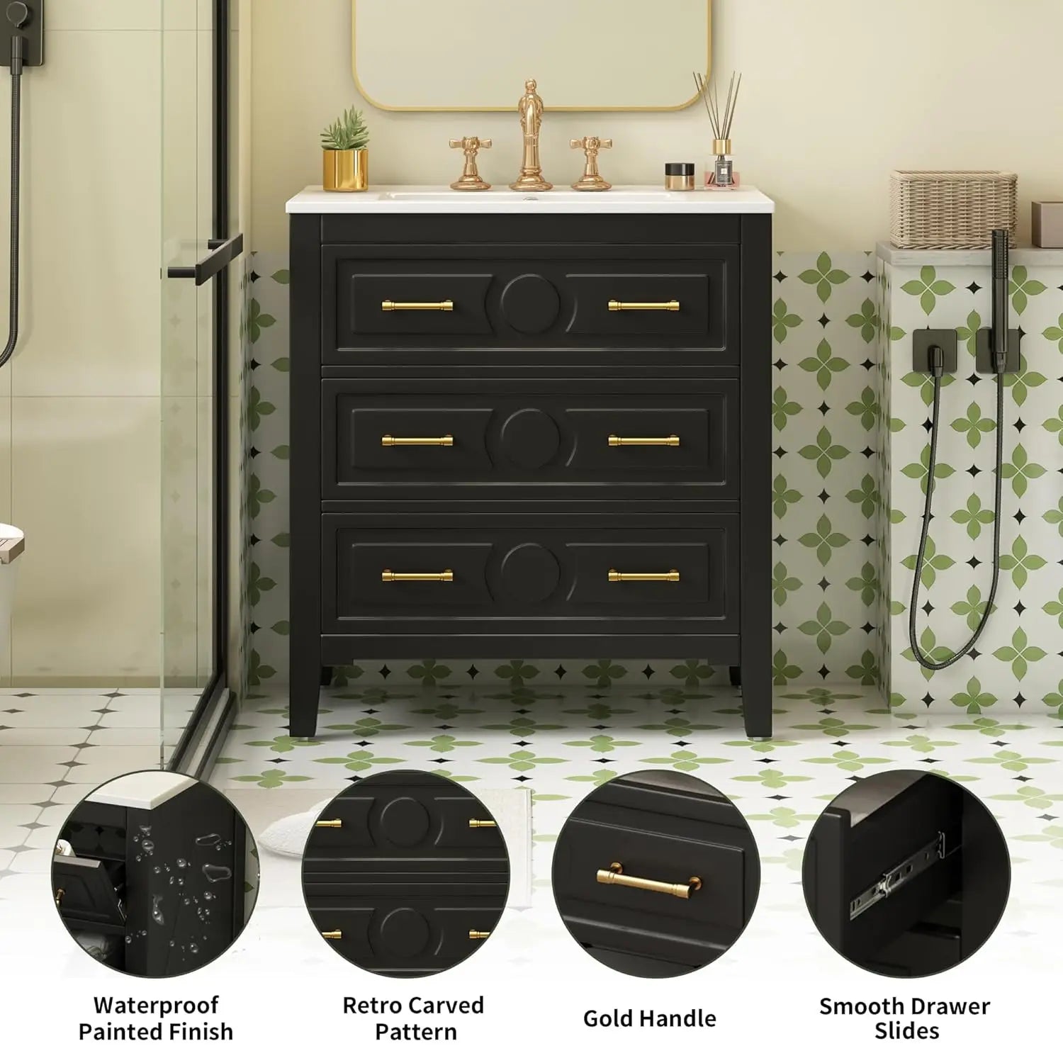 30" Bathroom Vanity with Sink Top 3-Drawer Storage Cabinet Gold Pulls Tip-Out Drawer Solid - Cabinet Organizer - view 5