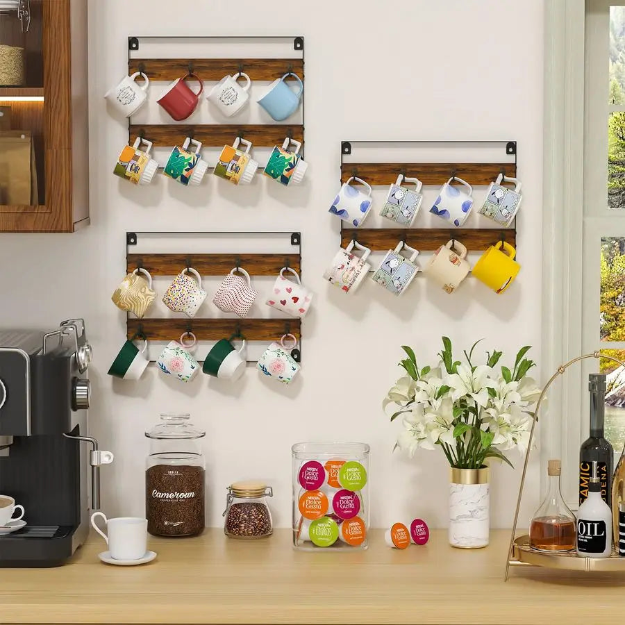 Wood Coffee Mug Rack Wall Mount Cup Holder Shelf Storage for Kitchen, Home, Bar - Storage Shelf - view 6
