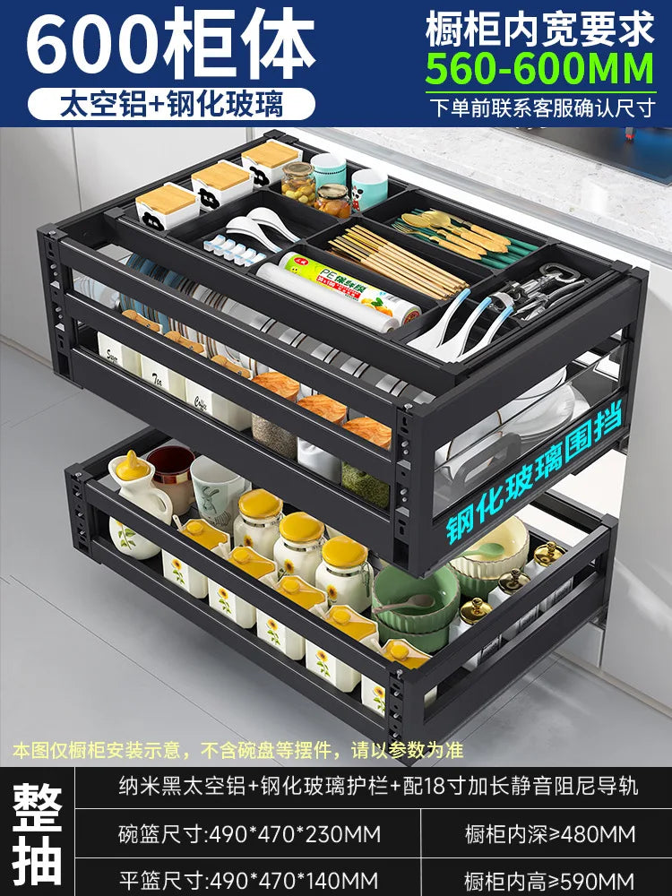 Aluminum Alloy Three-layer Pull-out Cabinet Drawer Type Dish Rack with Double-layer - Dish Drying Rack - view 7