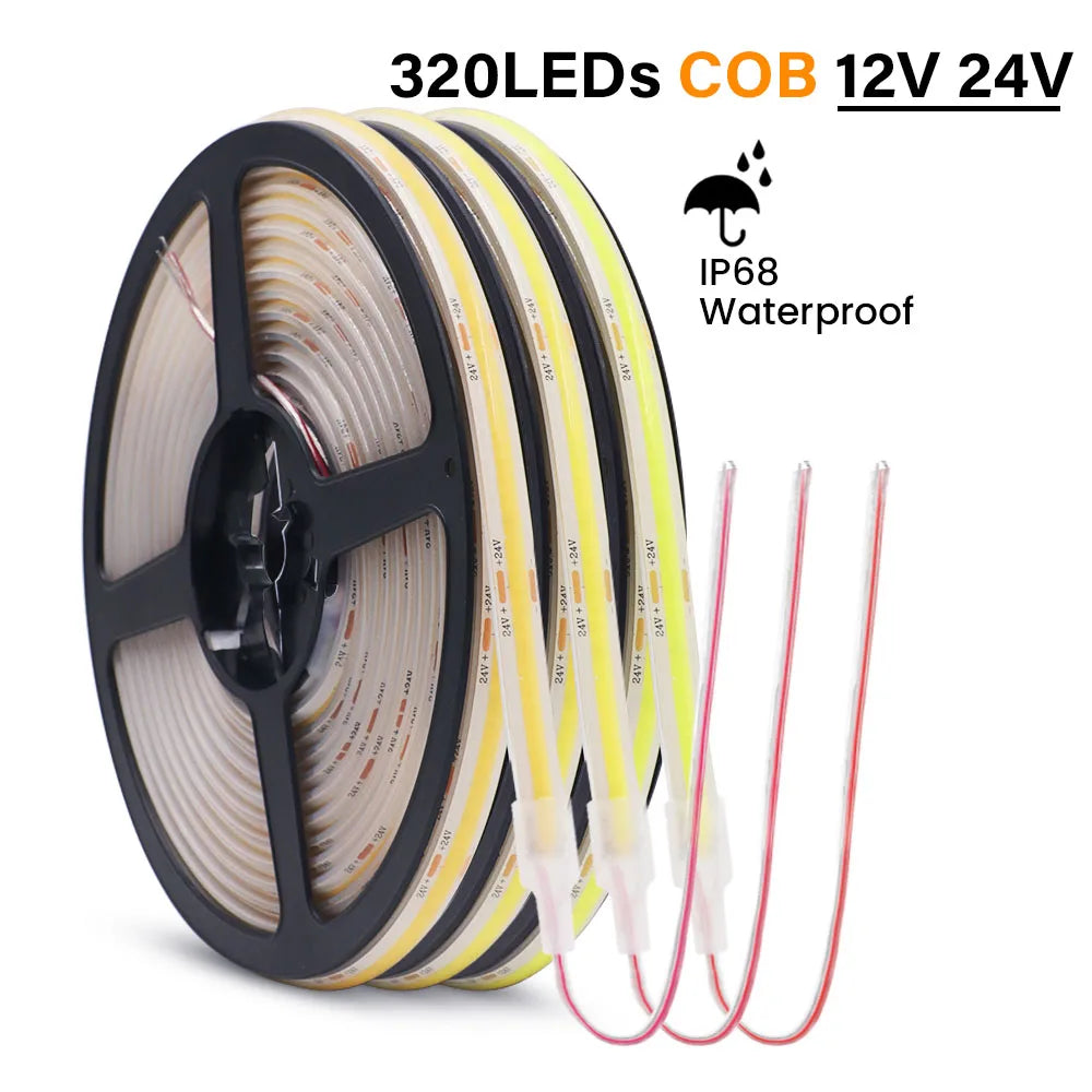 1-20M IP68 Waterproof COB LED Strip 12V 24V 320LEDs/M RA90 Flexible Light Bar Kitchen - LED Strip Light