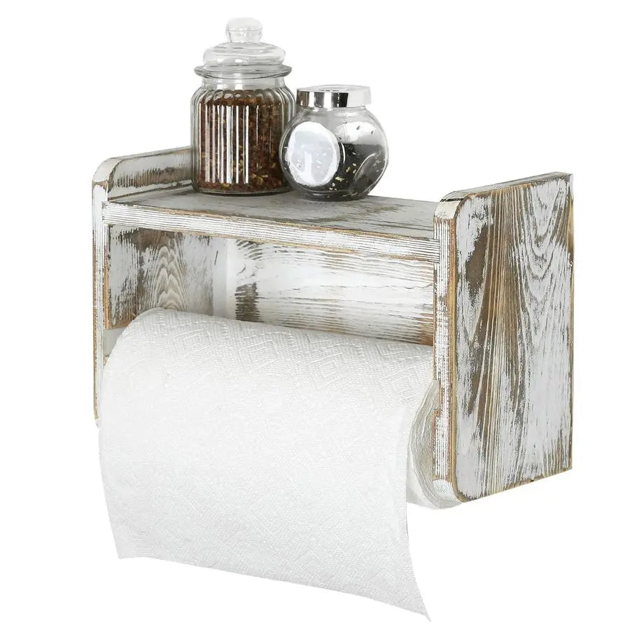 Farmhouse Paper Towel Holder, Shabby Whitewashed Wood Farmhouse Wall Mounted Kitchen - Organizer