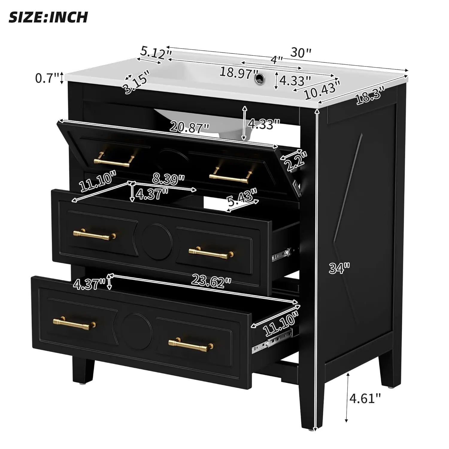 30" Bathroom Vanity with Sink Top 3-Drawer Storage Cabinet Gold Pulls Tip-Out Drawer Solid - Cabinet Organizer - view 2