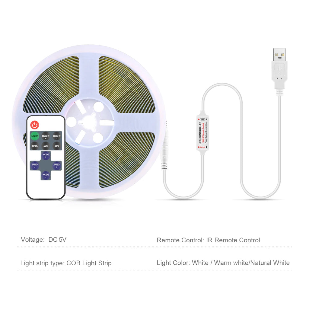DC5V COB LED Strip Light with Dimmable Remote Control 1/2/3/5M White/Warm White USB LED - LED Strip Light - view 2