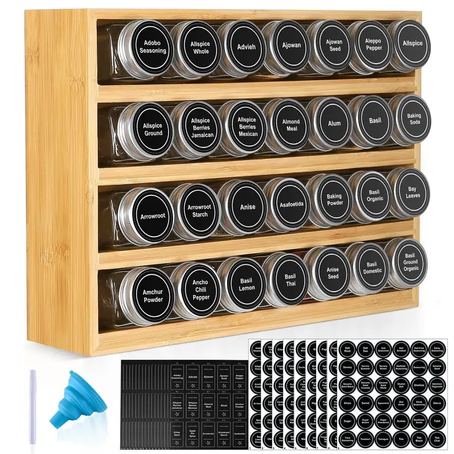Spice Rack Organizer With 28 Spice Jars, 780 Labels, 4 Tier Wood Hanging Shelf - Cabinet Organizer