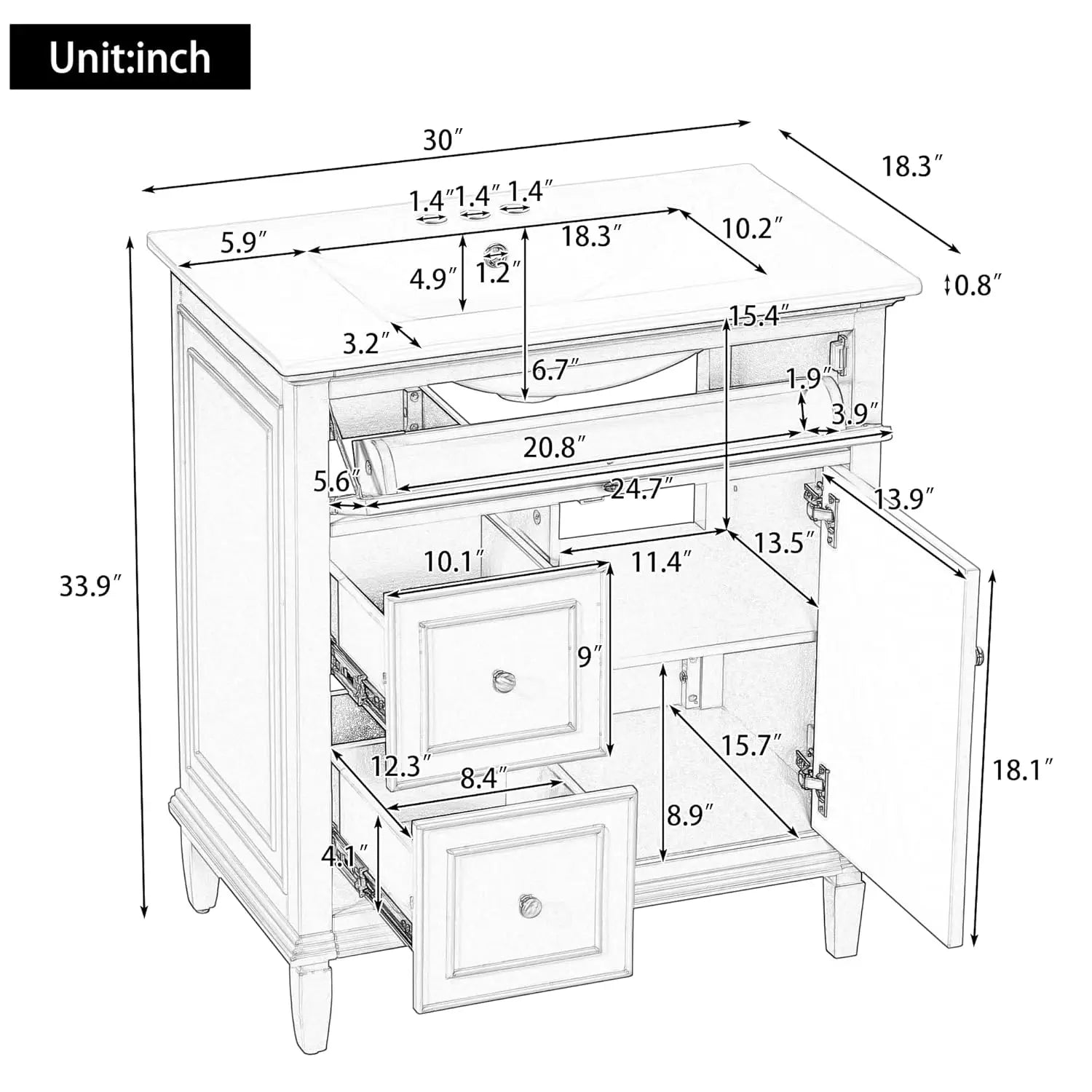 30" Bathroom Vanity Sink Combo Tilt-Out Drawer Wood MDF Cabinet Adjustable Shelf - Cabinet Organizer - view 2