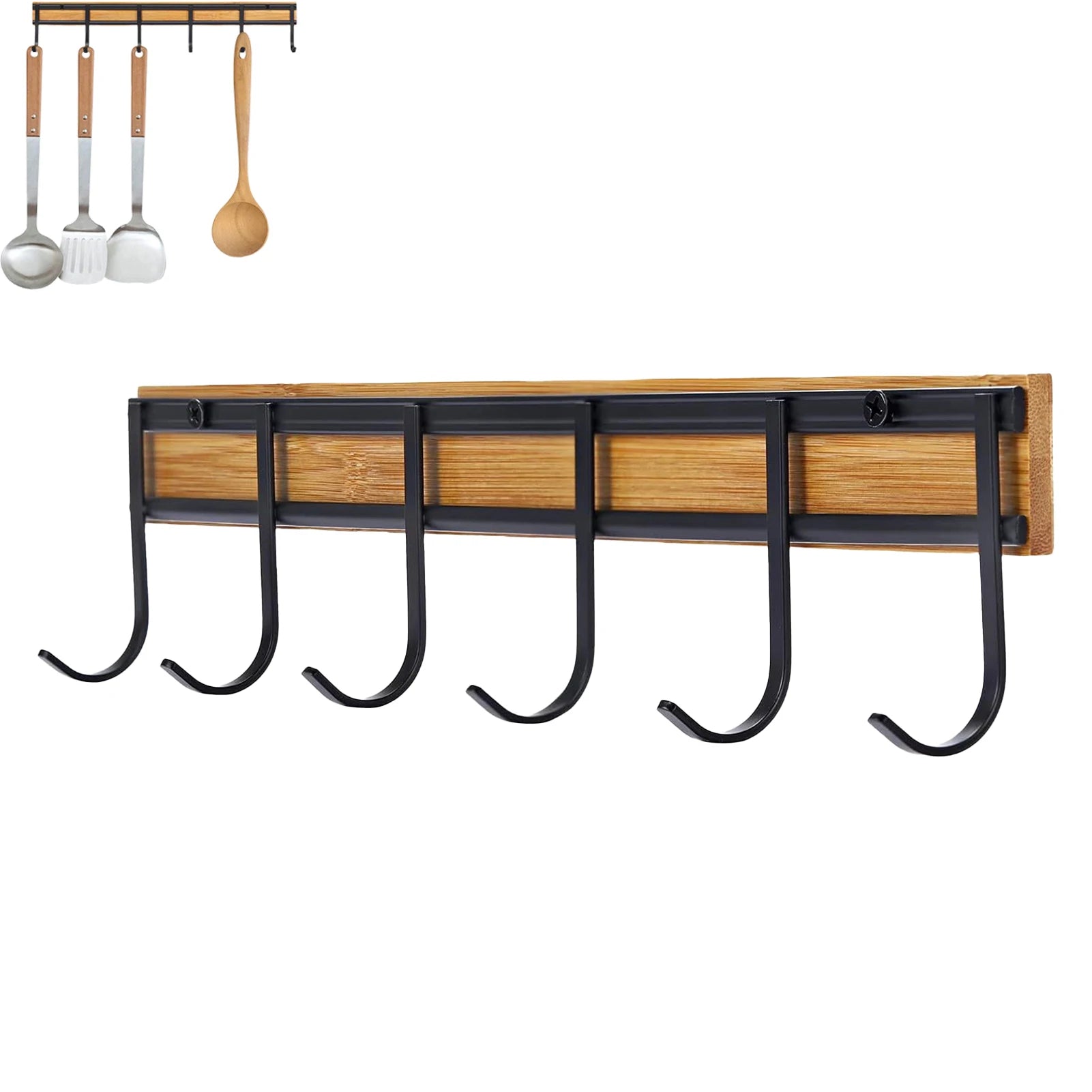 2PCS Wall Mounted Kitchen Utensil Hooks Set of 6 Black Metal Bamboo Decor Hangers - Organizer