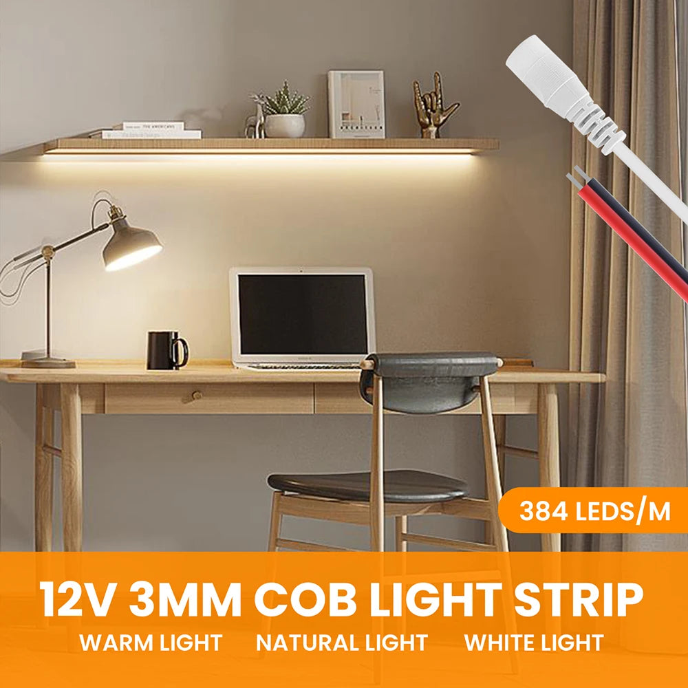 12V 24V 3mm 5mm PCB COB LED Strip Light 384LED/m 2Pin Wire/DC Plug High - LED Strip Light - view 6