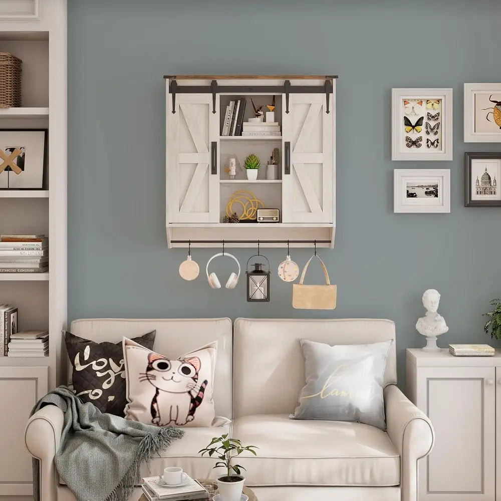 Farmhouse Medicine Cabinet 2 Sliding Barn Doors 3 Tier Rustic Wood Wall Storage Cabinet - Cabinet Organizer - view 4