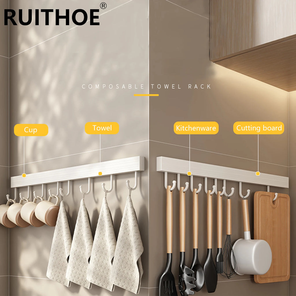 Wall Mounted Kitchen Hook Rack No-Punching Wall Hangers Rail Kitchen Utensils Rack - Storage Shelf