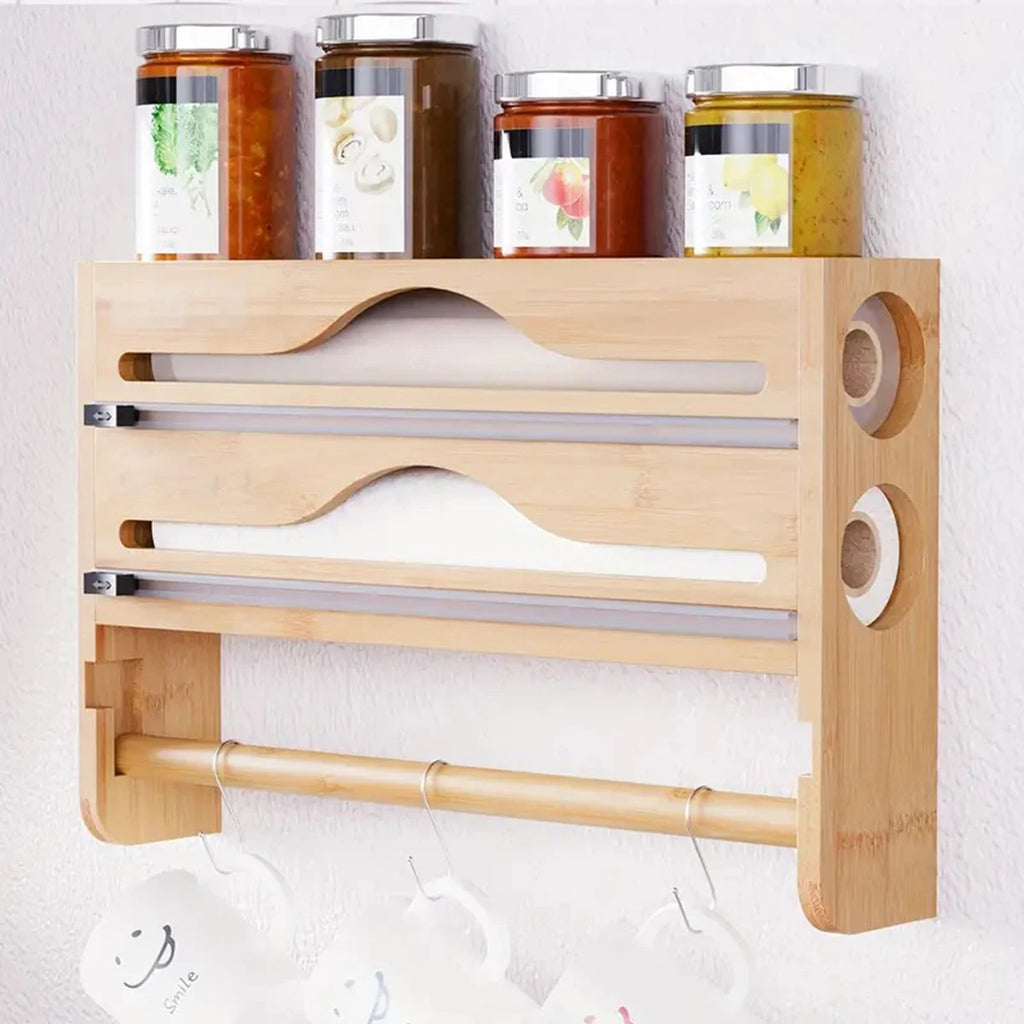 Bamboo Kitchen Organzier, Clingfilm & Foil Dispenser with Cutter, Wall-Mounted Storage - Home Improvement - view 3
