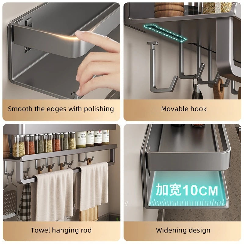 Aluminum Wall-Mounted Shelf Multifunctional Kitchen Spice Storage Rack Kitchen No - Storage Shelf - view 4