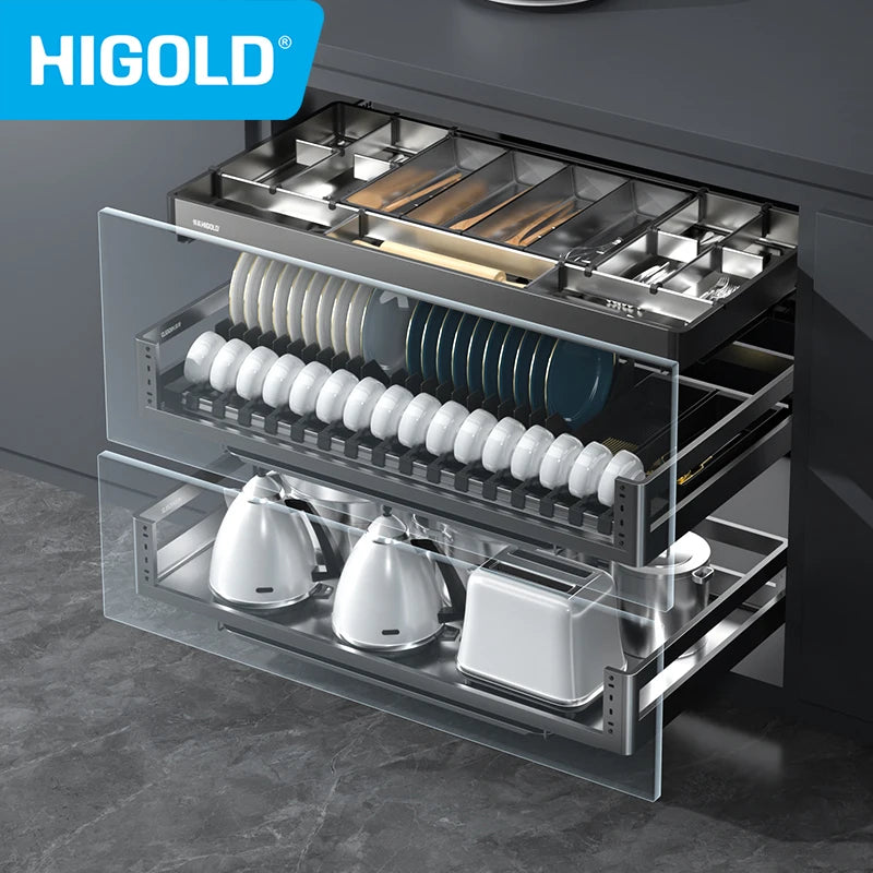 HIGOLD 500mm Cabinet Pull Basket Double Drawer With Dish Rack 304 Stainless Steel Kitchen - Dish Drying Rack - view 5