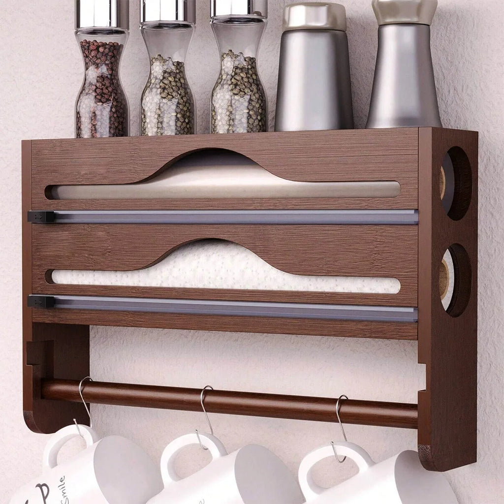 Bamboo Kitchen Organzier, Clingfilm & Foil Dispenser with Cutter, Wall-Mounted Storage - Home Improvement - view 5