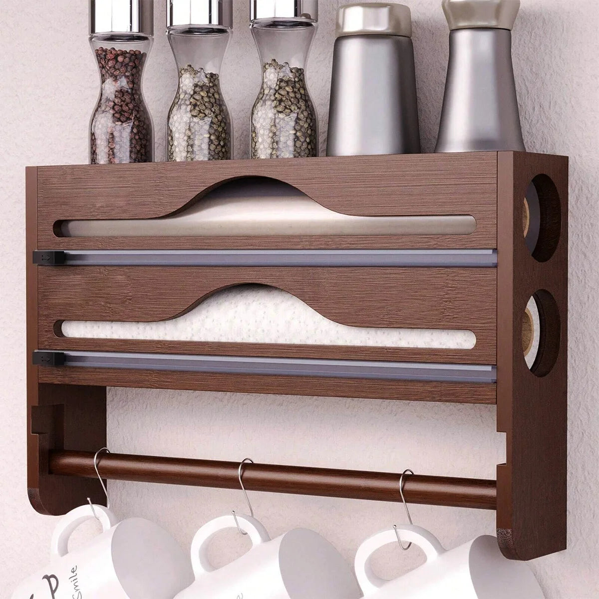 Bamboo Kitchen Organzier, Clingfilm & Foil Dispenser with Cutter, Wall-Mounted Storage - Home Improvement - view 5