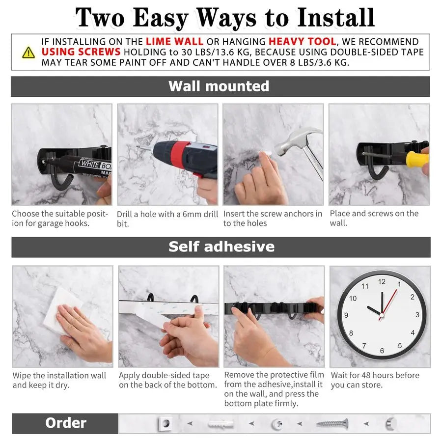 2 Pack Black 5 Racks and 4 Hooks Mop and Broom Holder Wall Mount - Storage Shelf - view 6