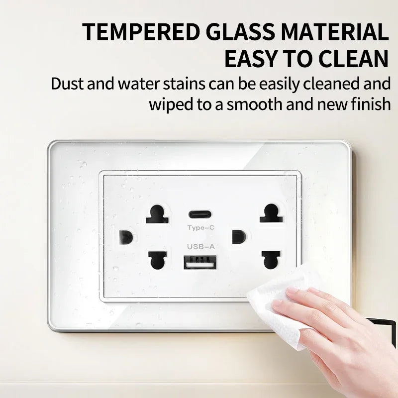 American Black Tempered Glass 16A 2Way Light Switch 118*75mm US Plug USB Type-C Quick - Home Improvement - view 3