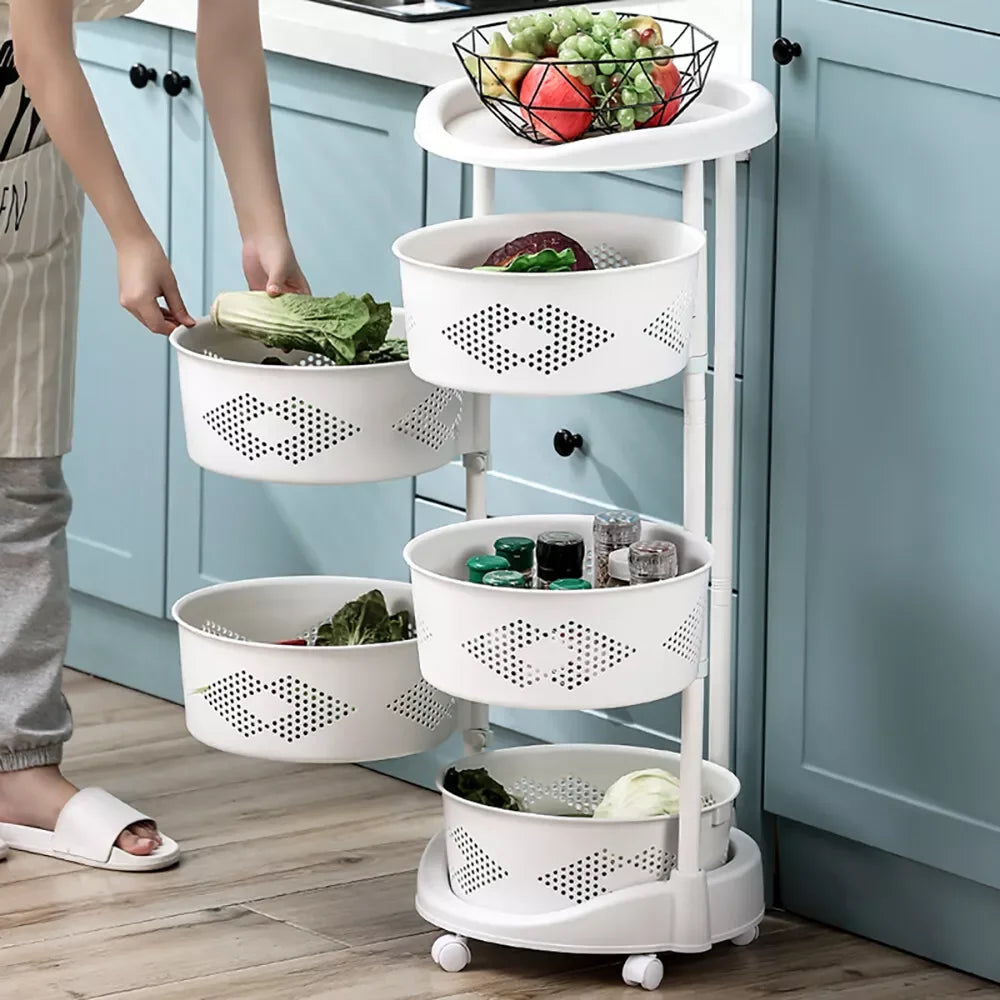 5 Layer Kitchen Rotating Organizer Rack Fruit Vegetable Storage Basket with Wheels - Cabinet Organizer